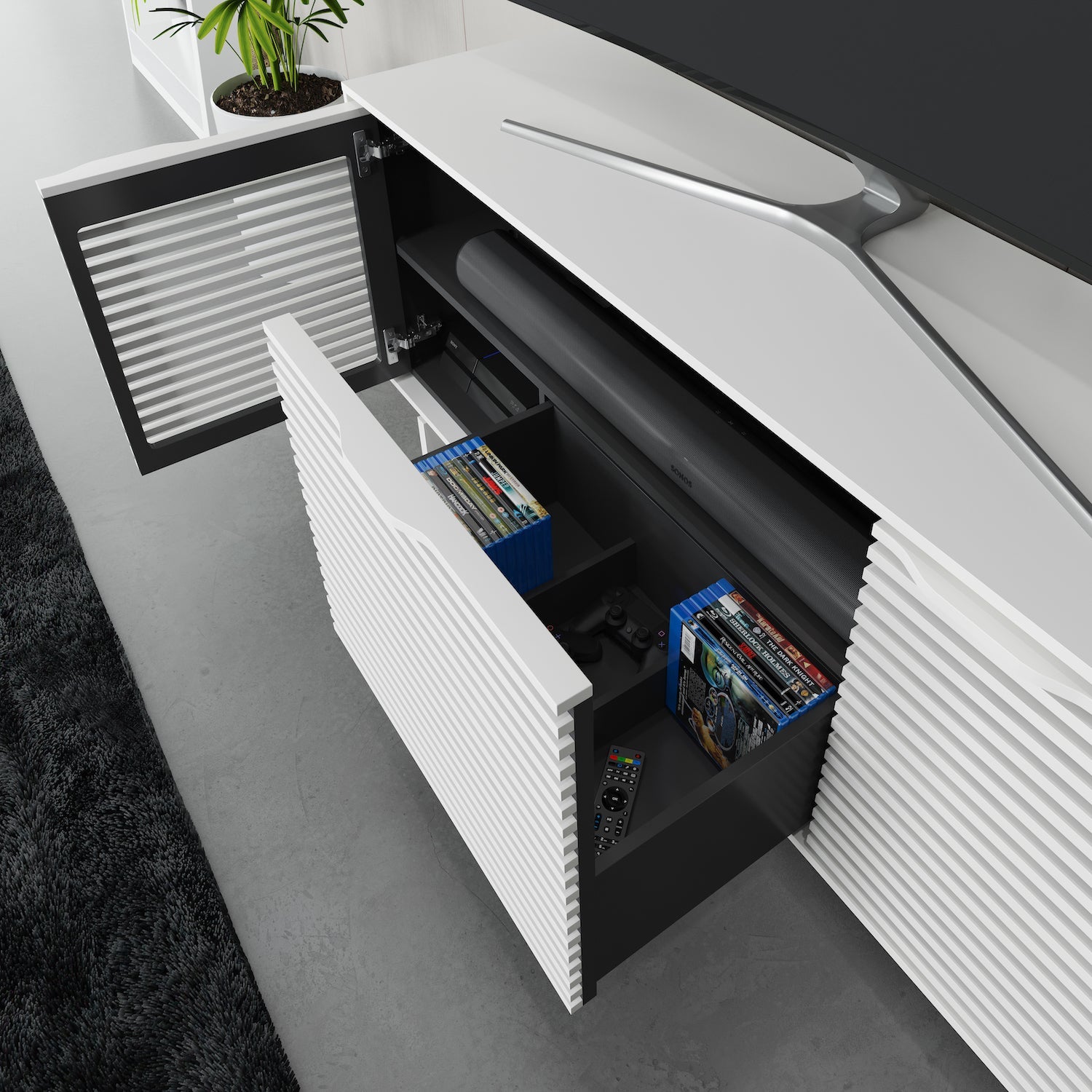 Meuble TV gris brume avec rangement pour le salon