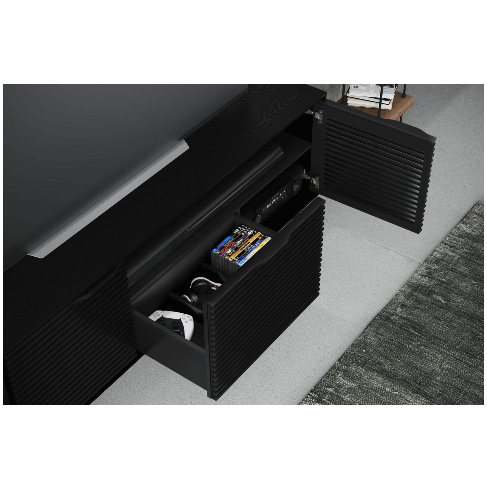 Meuble TV en frêne ébénisé avec rangements pour salon