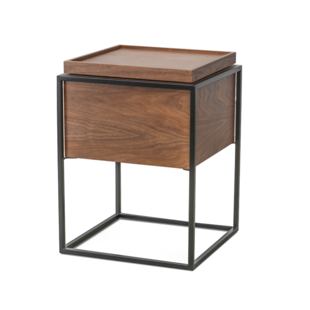 Table d'appoint mi-siècle en noyer naturel avec plateau pivotant et rangement pour chambre à coucher
