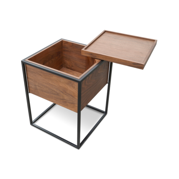 Table d'appoint mi-siècle en noyer naturel avec plateau pivotant et rangement pour chambre à coucher