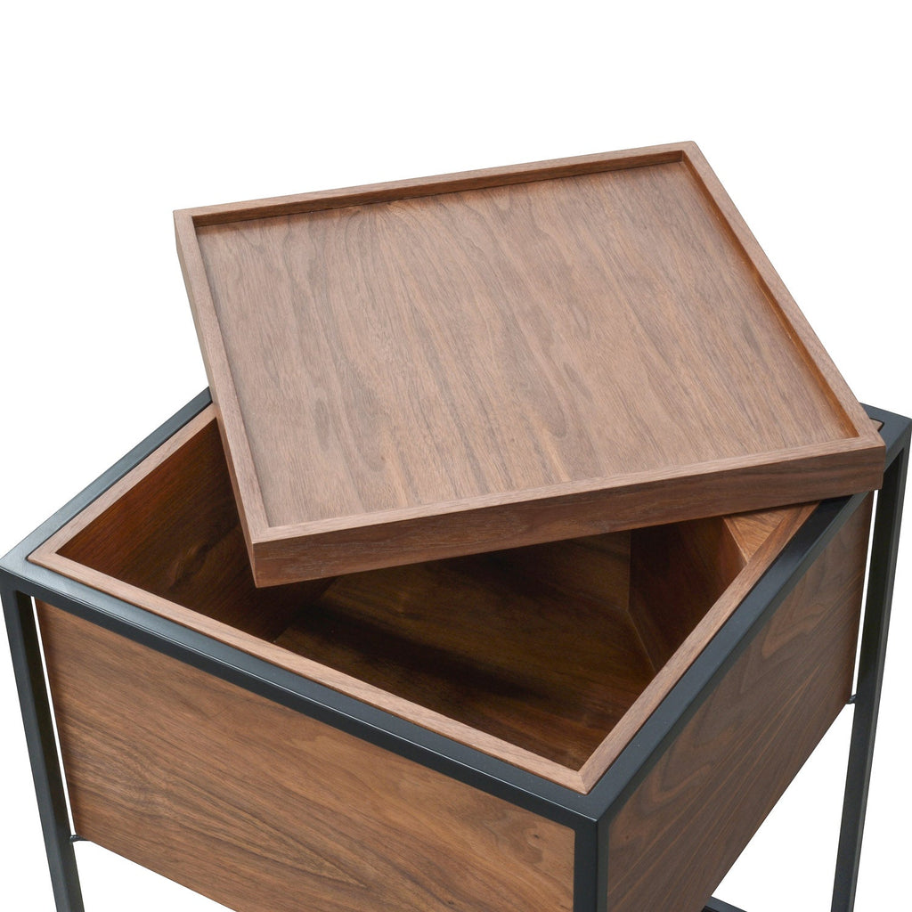 Table d'appoint mi-siècle en noyer naturel avec plateau pivotant et rangement pour chambre à coucher