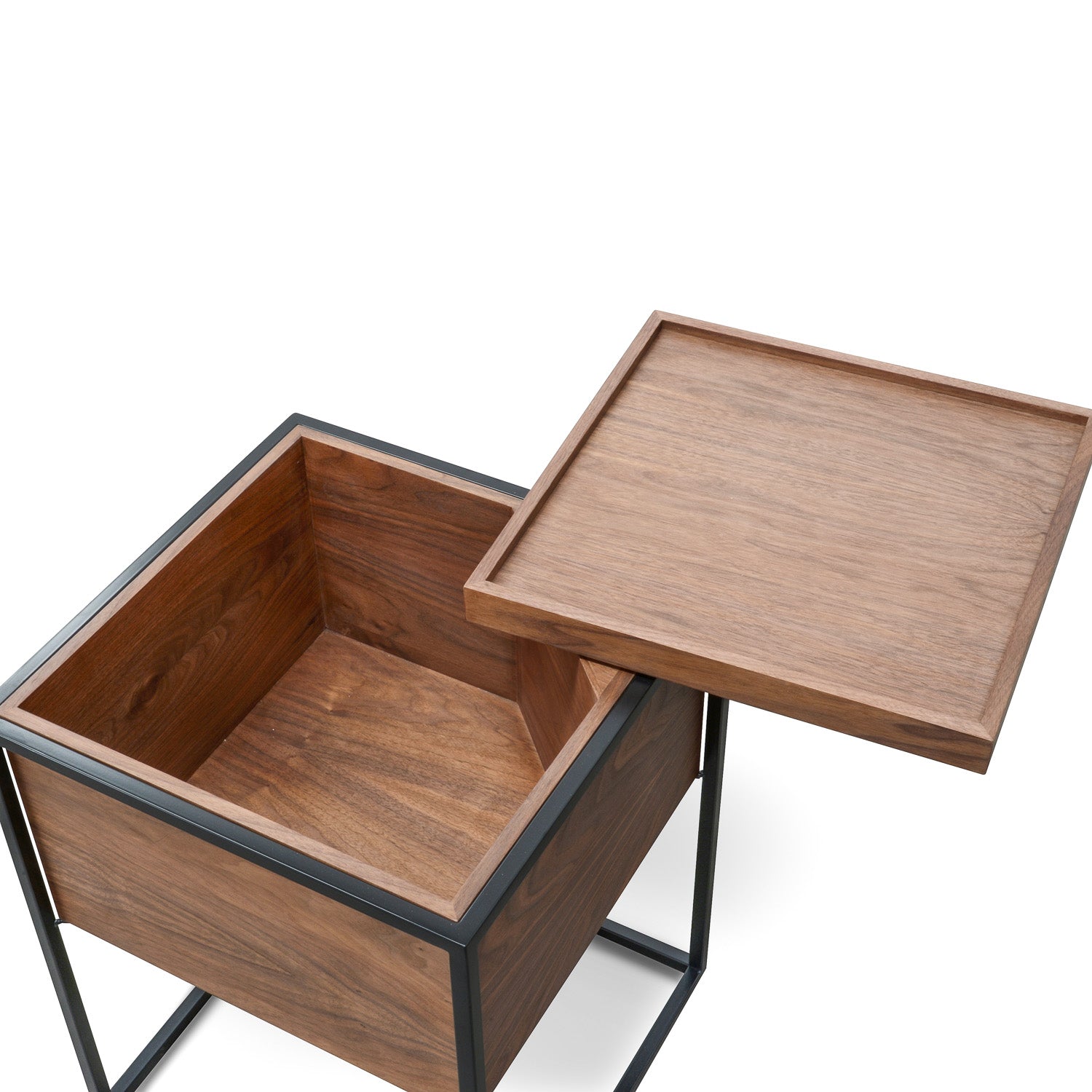 Table d'appoint mi-siècle en noyer naturel avec plateau pivotant et rangement pour chambre à coucher