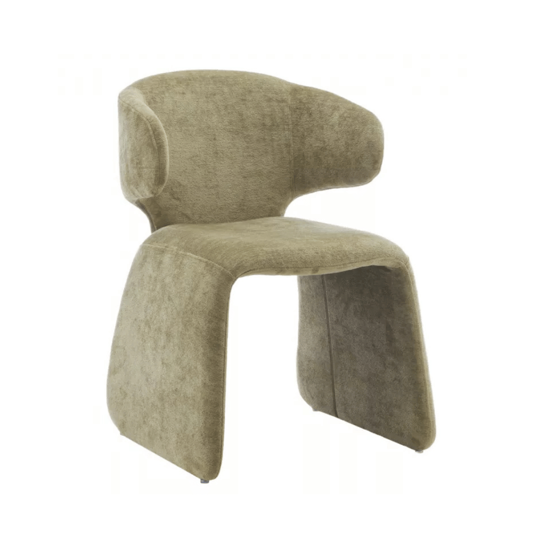 Chaise de salle à manger verte en chenille avec dossier incurvé et rembourré pour salle à manger