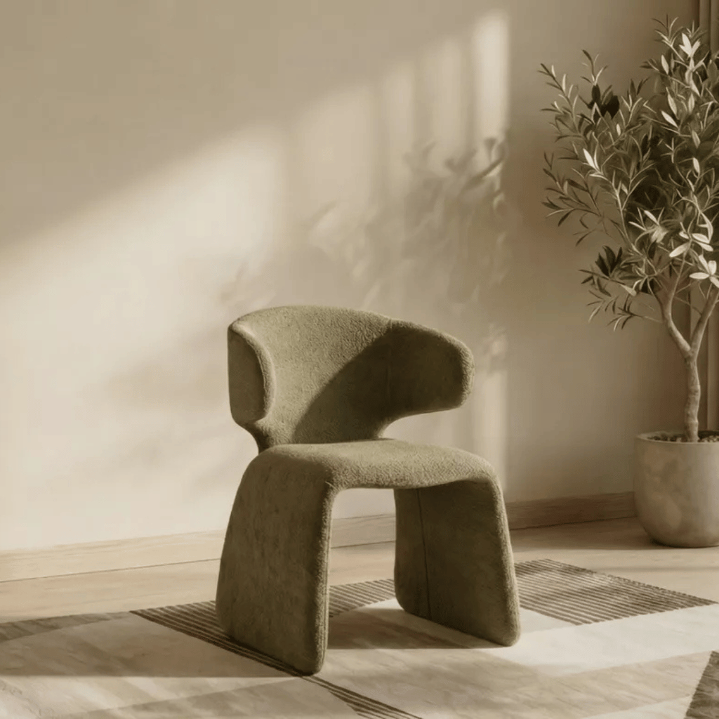 Chaise de salle à manger verte en chenille avec dossier incurvé et rembourré pour salle à manger