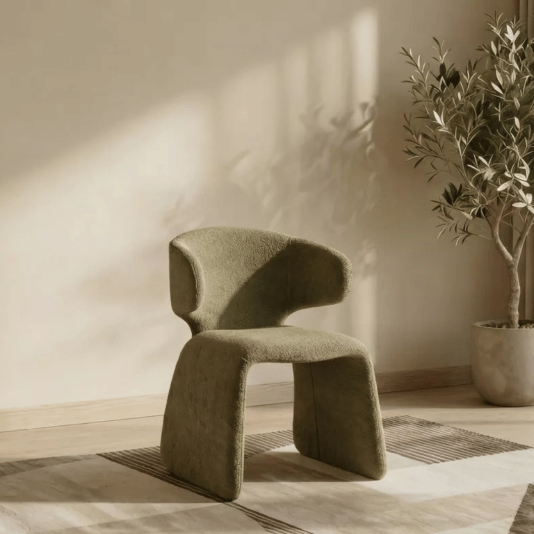 Chaise de salle à manger verte en chenille avec dossier incurvé et rembourré pour salle à manger
