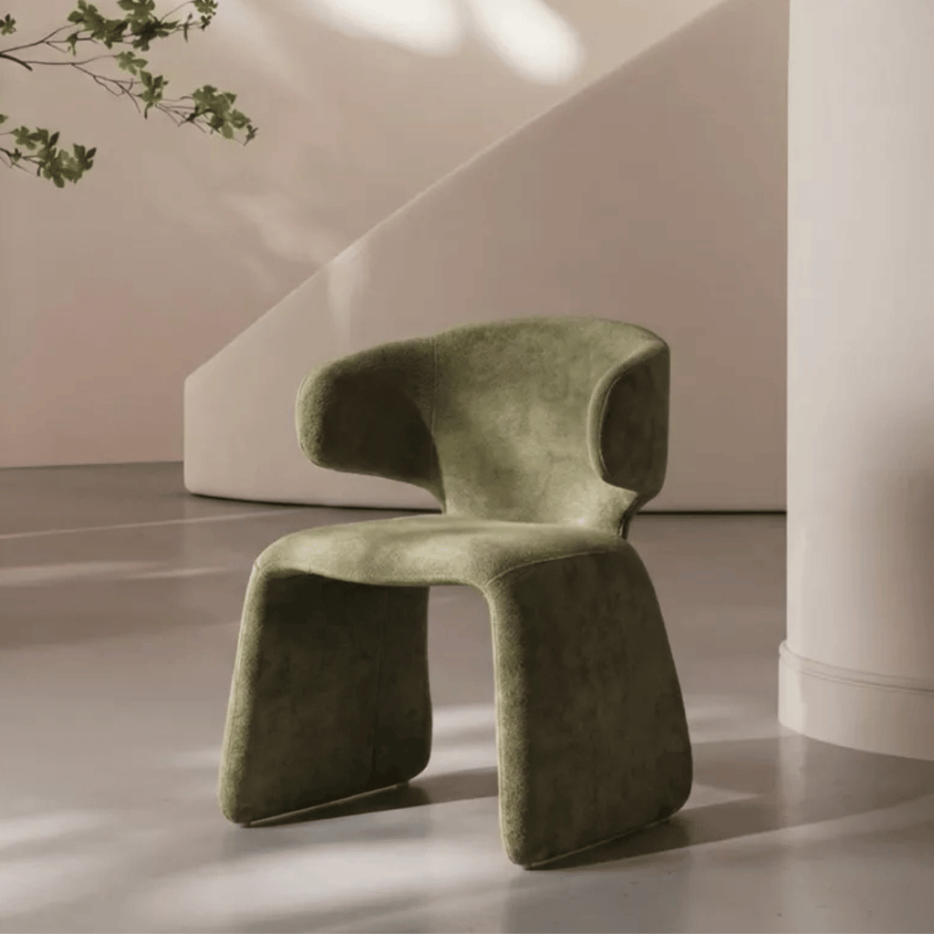 Chaise de salle à manger verte en chenille avec dossier incurvé et rembourré pour salle à manger