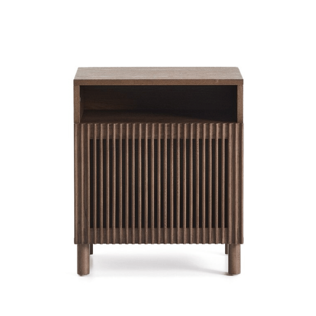 Table de chevet en noyer de style Mid-Century pour chambre à coucher, coloris noyer.