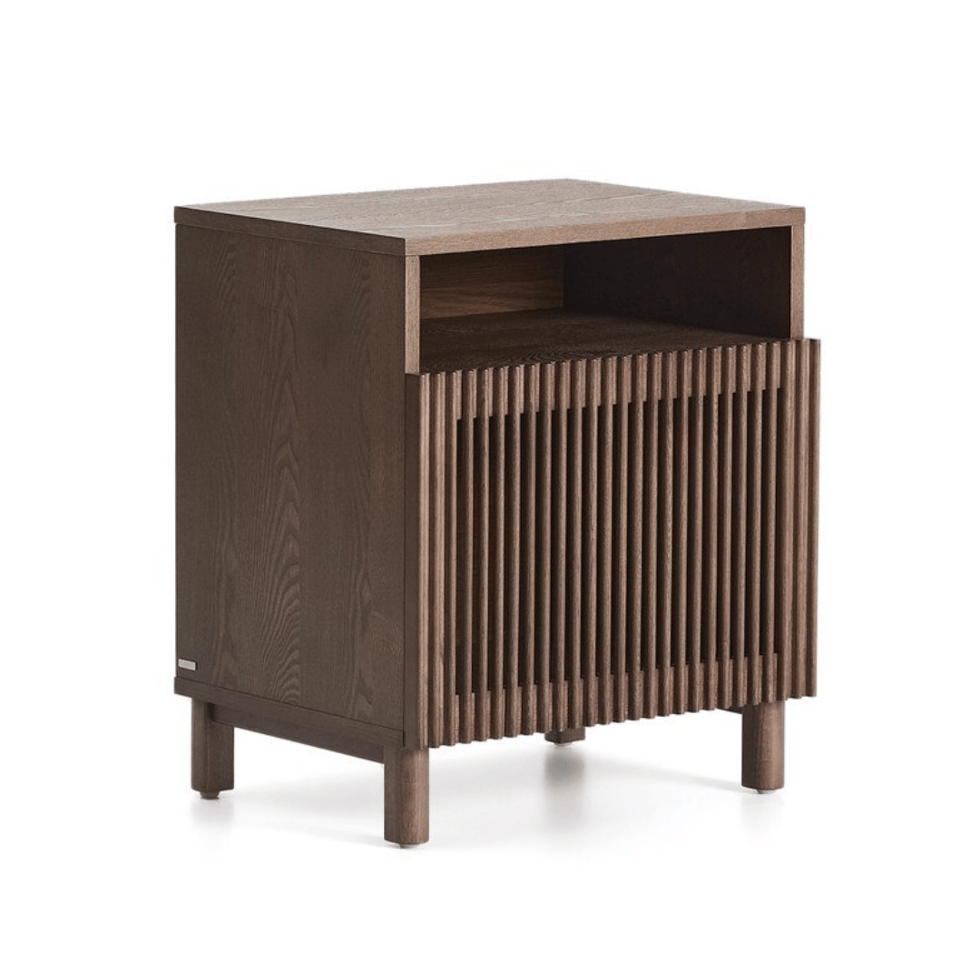 Table de chevet en noyer de style Mid-Century pour chambre à coucher, coloris noyer.