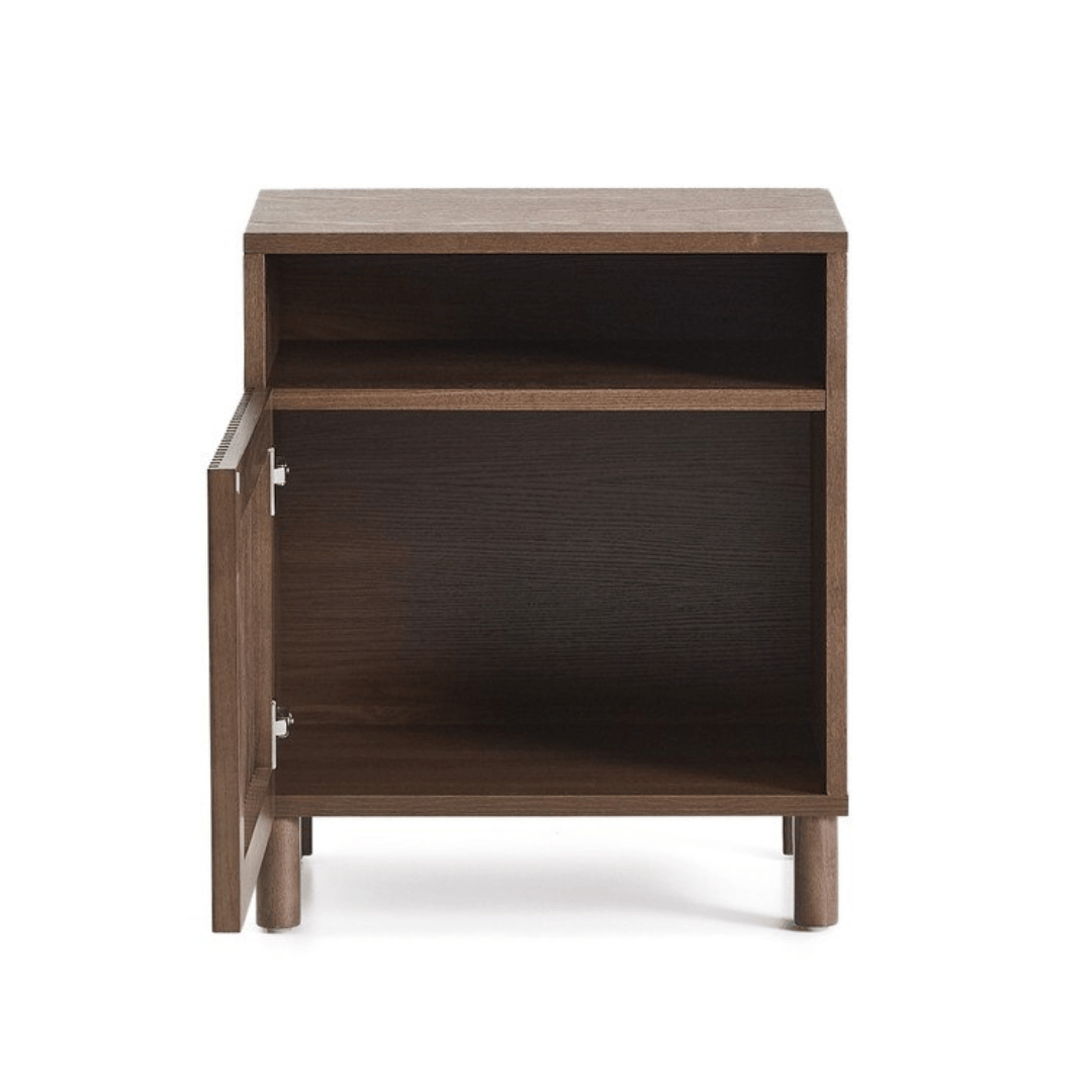 Table de chevet en noyer de style Mid-Century pour chambre à coucher, coloris noyer.