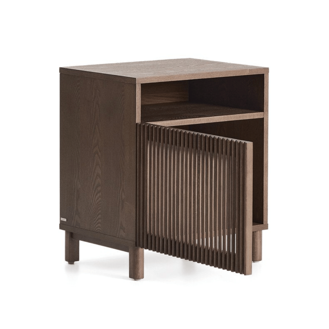 Table de chevet en noyer de style Mid-Century pour chambre à coucher, coloris noyer.