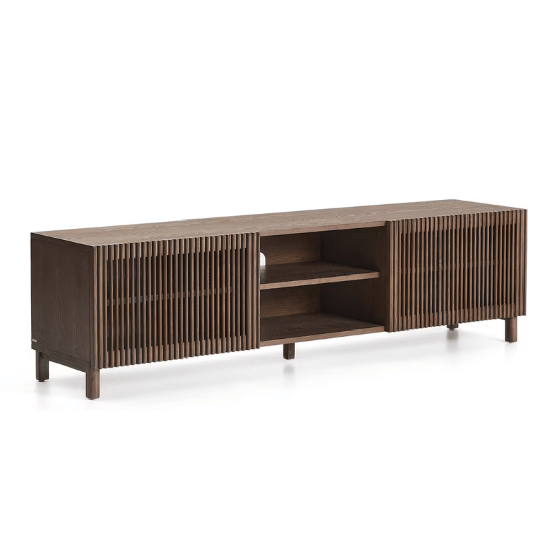 Meuble TV/multimédia en noyer de style Mid-Century, brun, avec rangement pour le salon