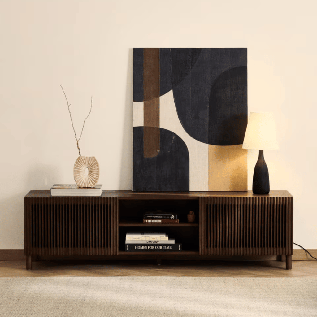 Meuble TV/multimédia en noyer de style Mid-Century, brun, avec rangement pour le salon