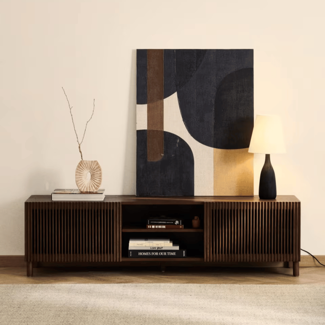 Meuble TV/multimédia en noyer de style Mid-Century, brun, avec rangement pour le salon