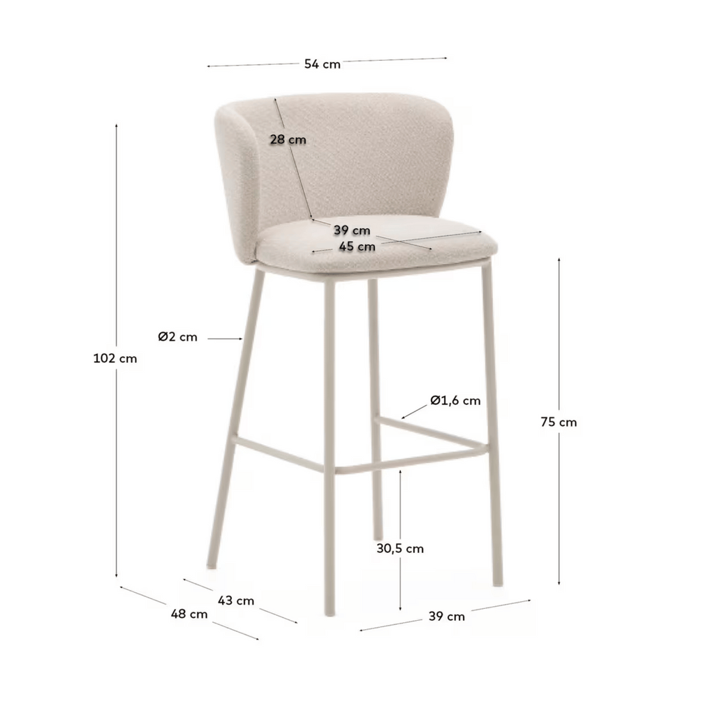 Tabouret de bar moderne en chenille ivoire avec mousse haute densité et dossier incurvé pour cuisine