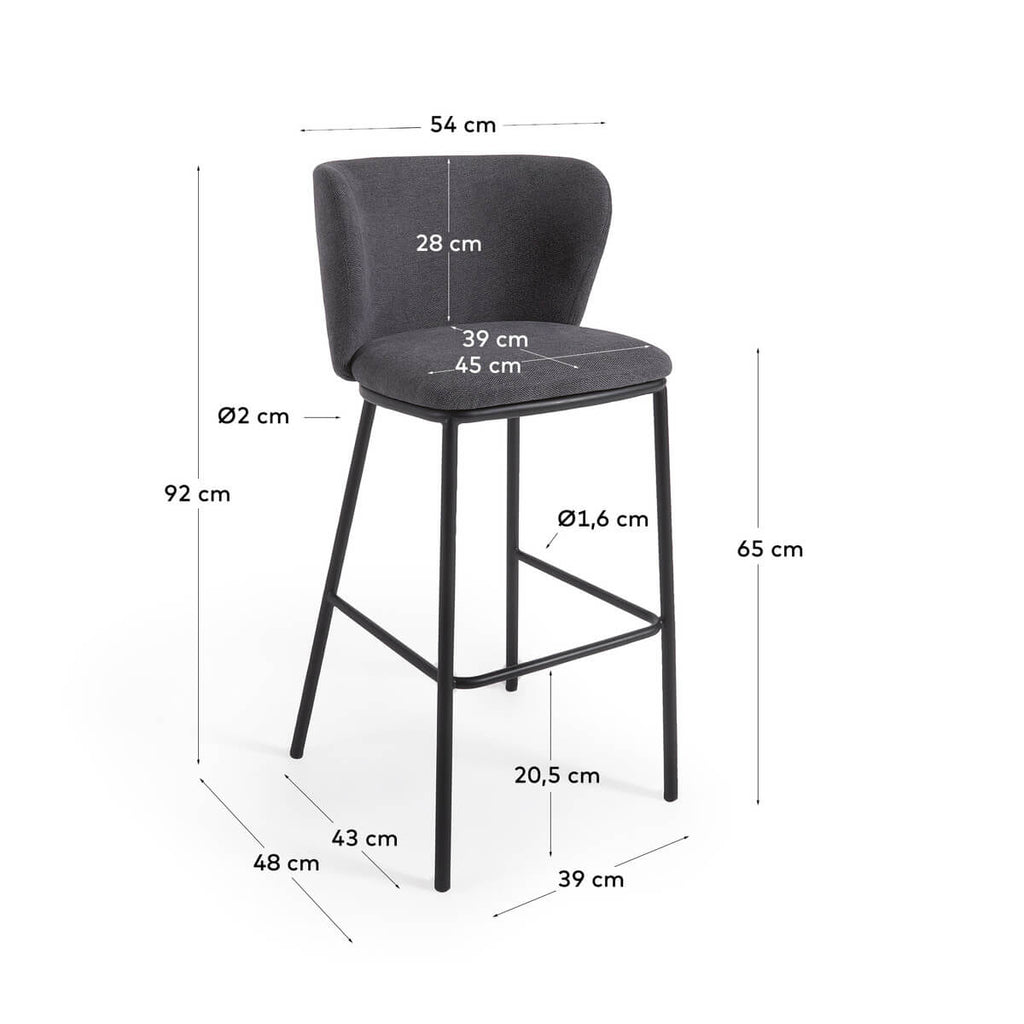 Tabouret de bar moderne en chenille anthracite avec mousse haute densité et dossier incurvé pour cuisine