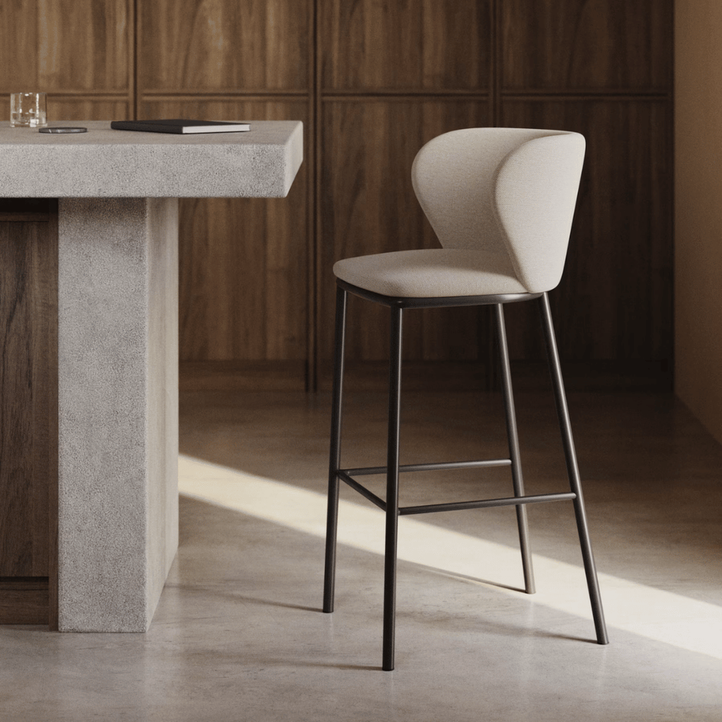 Tabouret de bar moderne en chenille ivoire avec mousse haute densité et dossier incurvé pour cuisine