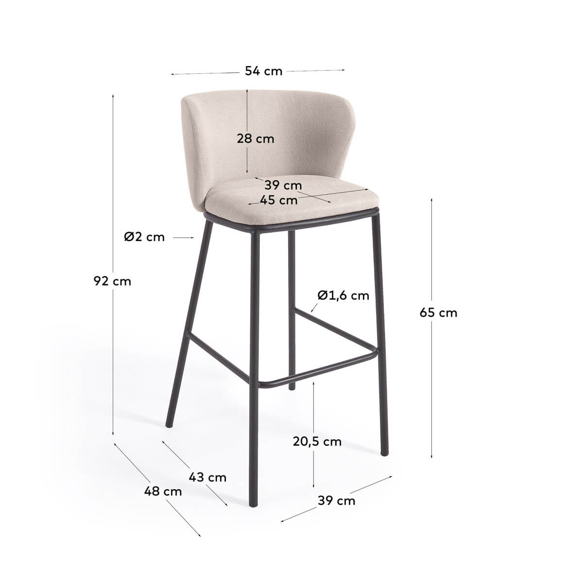 Tabouret de bar moderne en chenille ivoire avec mousse haute densité et dossier incurvé pour cuisine