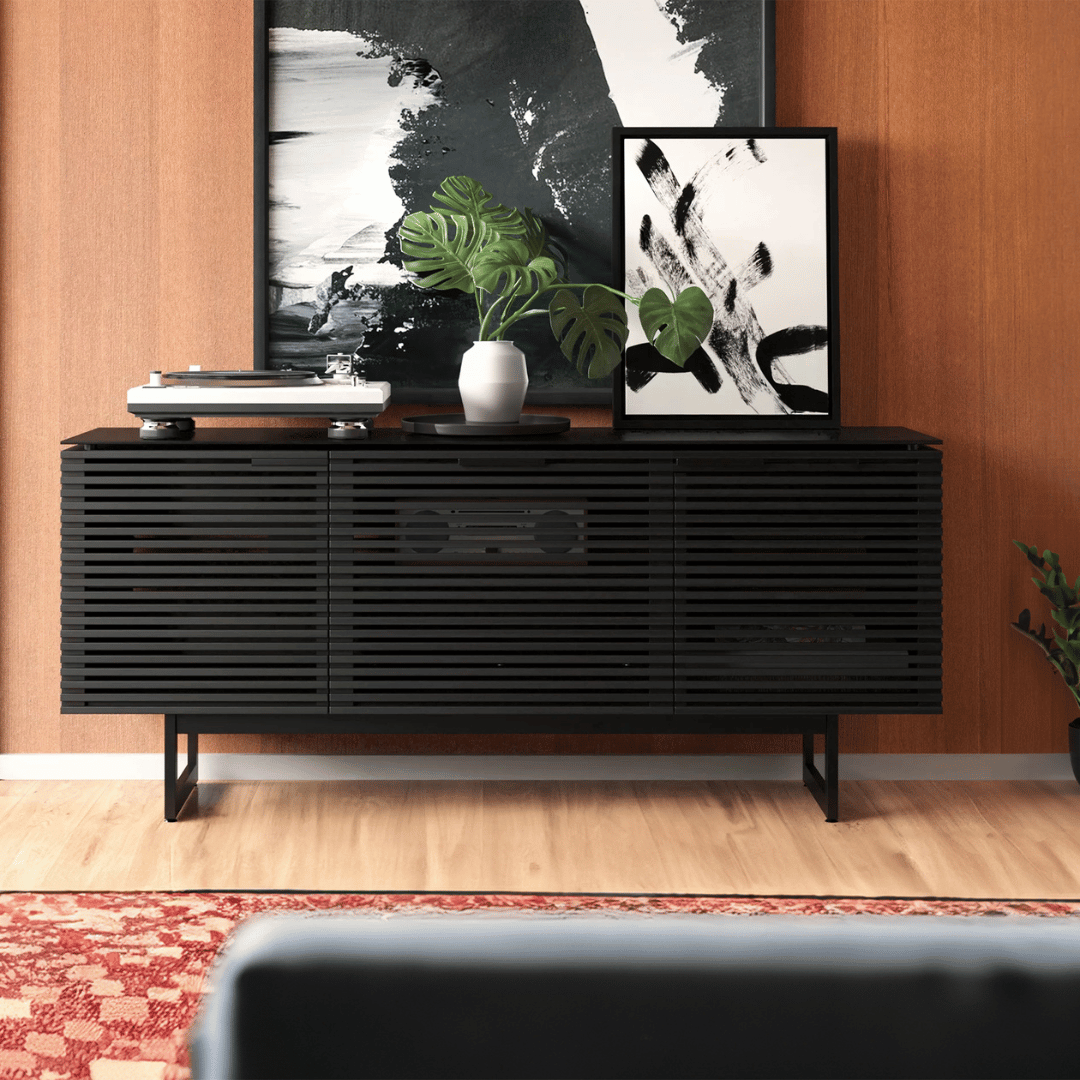 Meuble de divertissement en noyer et charbon de bois de style Mid-Century avec rangement pour le salon