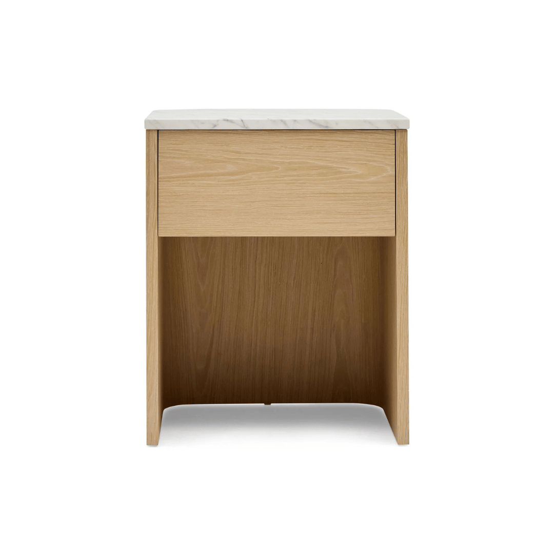 Table de chevet moderne en marbre et chêne avec fermeture amortie pour chambre à coucher