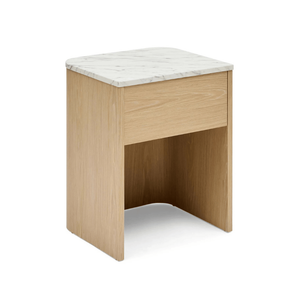 Table de chevet moderne en marbre et chêne avec fermeture amortie pour chambre à coucher