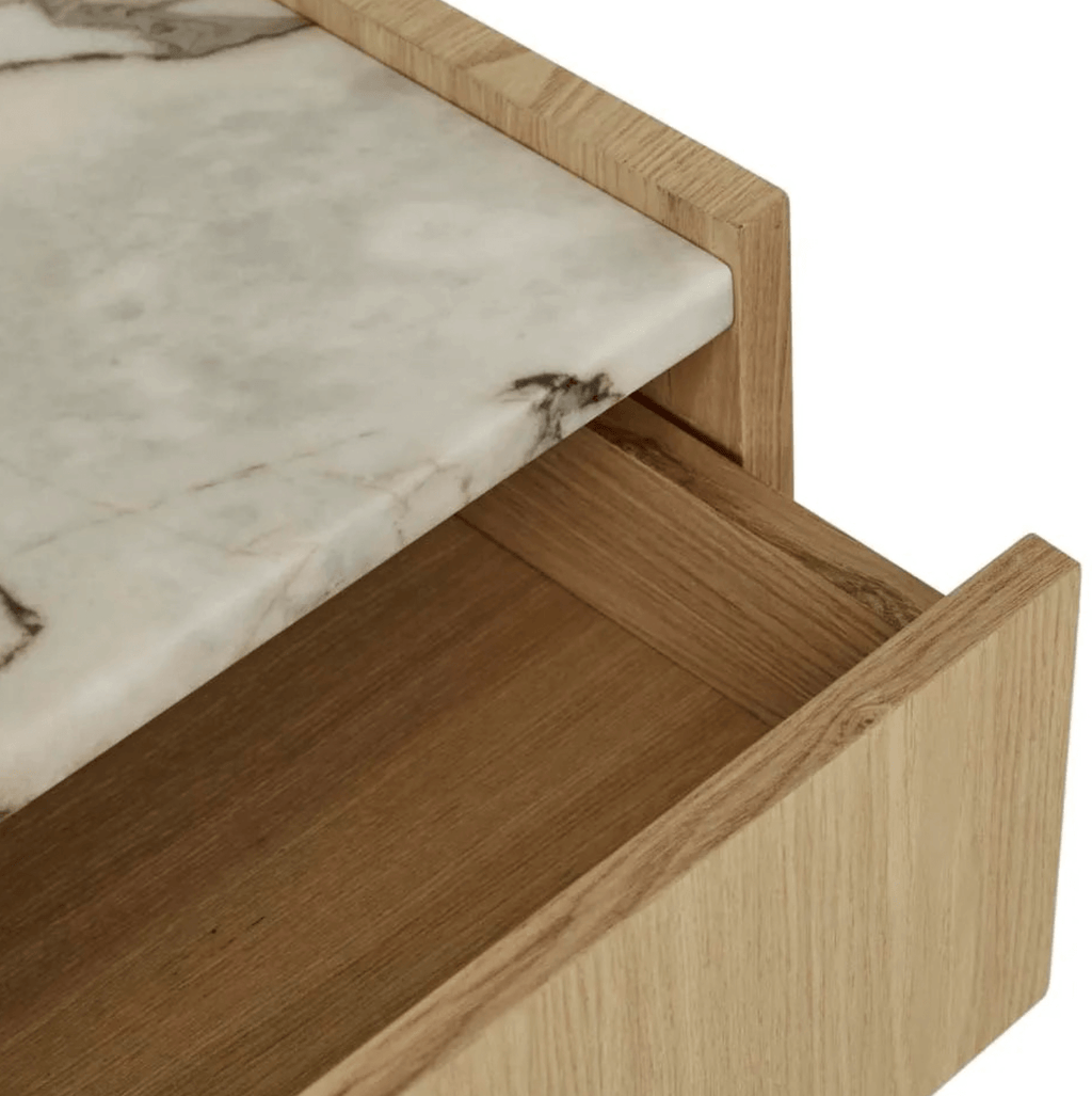 Table de chevet moderne en marbre et frêne naturel pour chambre à coucher