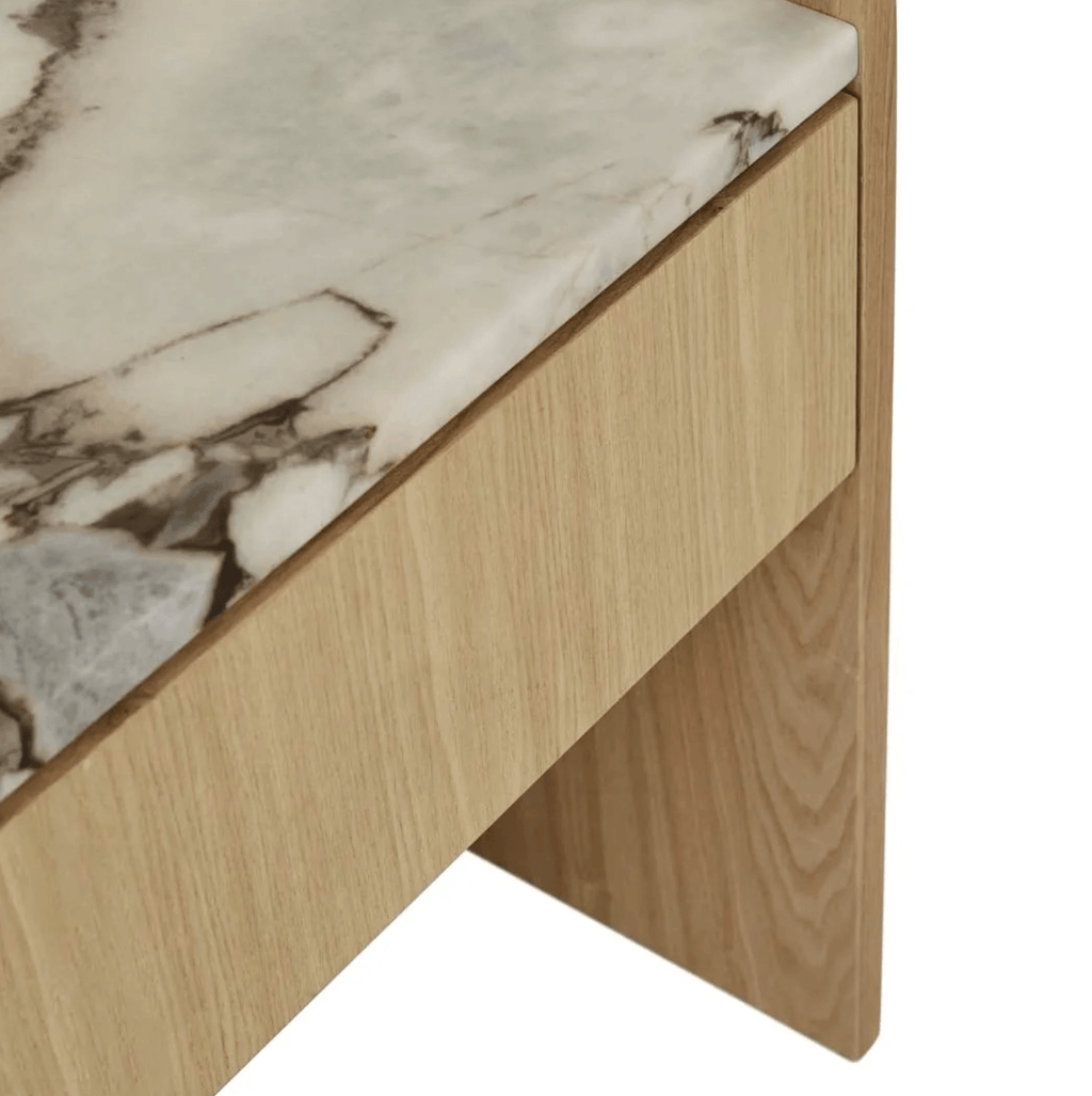 Table de chevet moderne en marbre et frêne naturel pour chambre à coucher