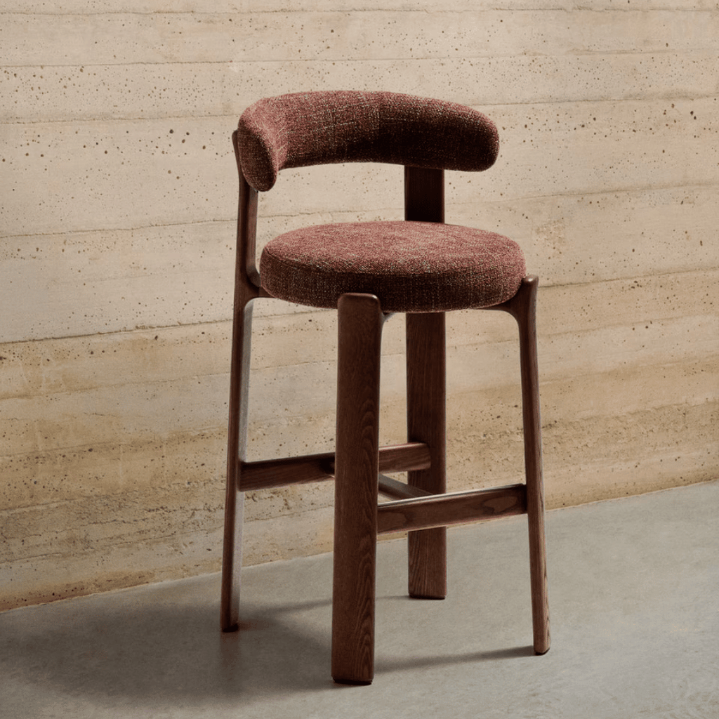 Tabouret de Bar Mid-Century en Brique Noyer avec Mousse Haute Densité et Pieds en Bois pour Cuisine
