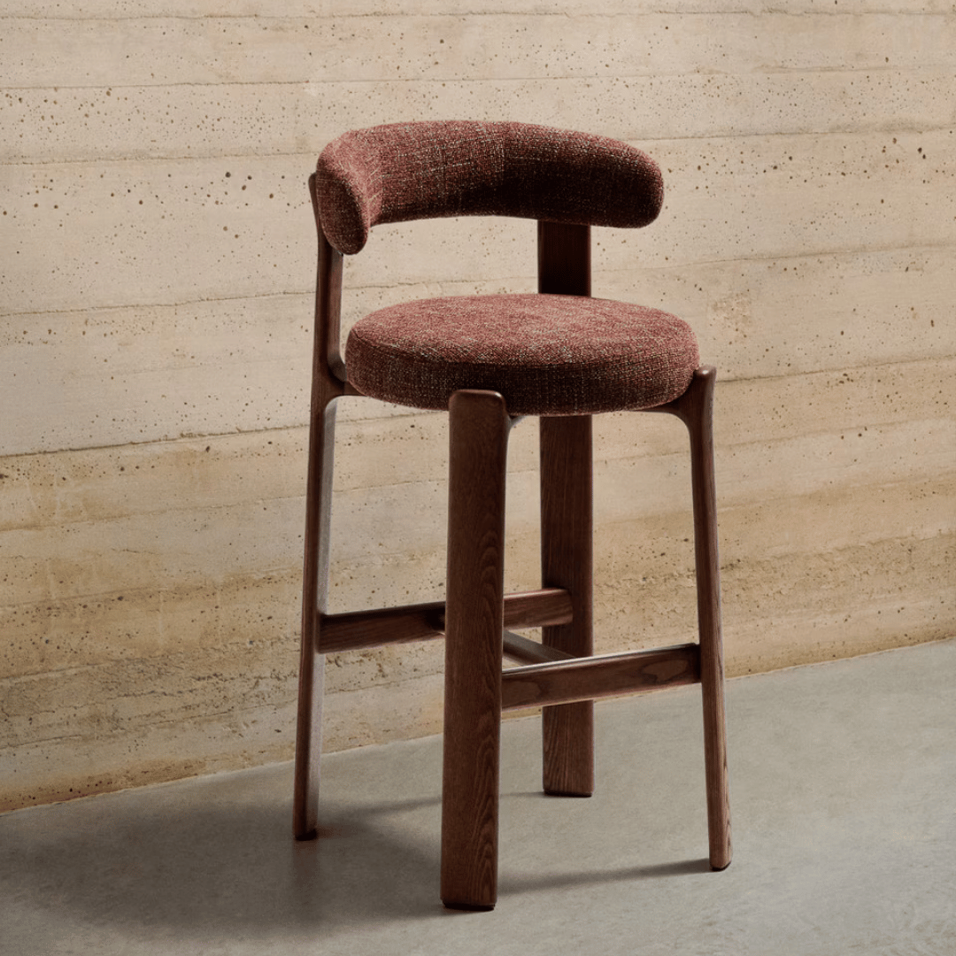 Tabouret de Bar Mid-Century en Brique Noyer avec Mousse Haute Densité et Pieds en Bois pour Cuisine