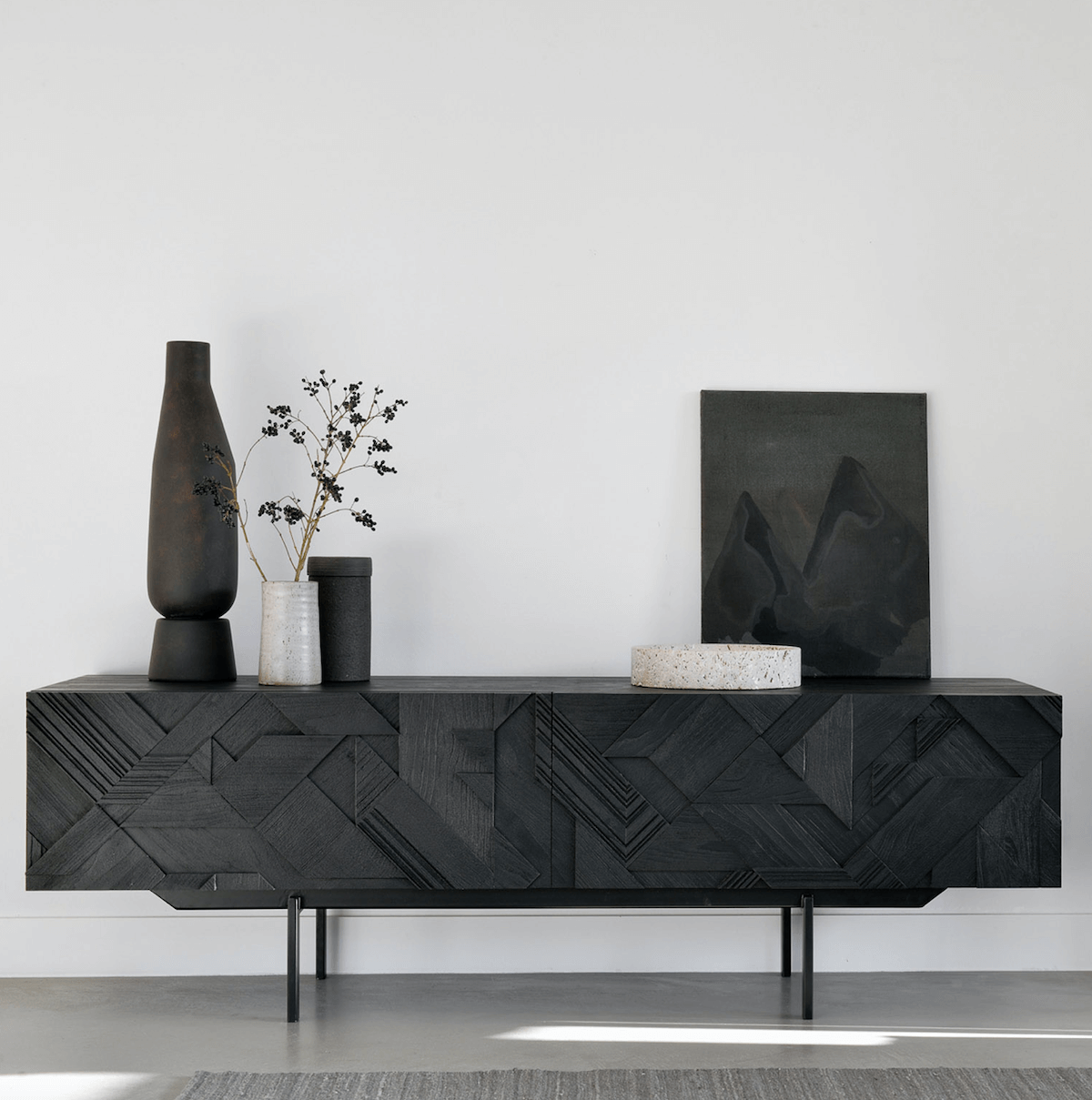 Meuble TV moderne en métal noir pour salon