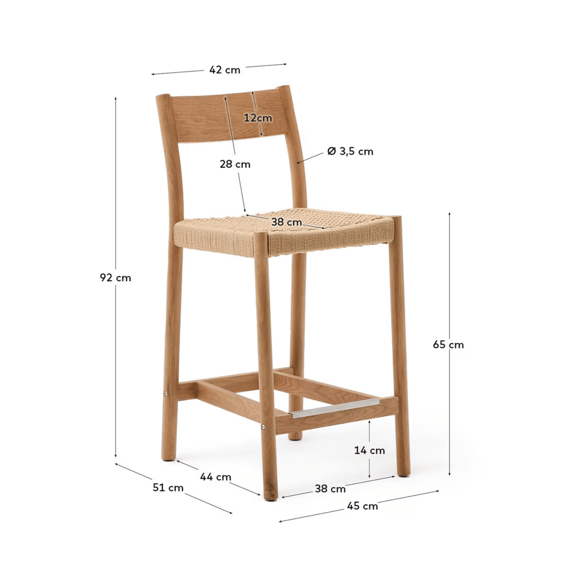 Tabouret de bar rustique en chêne naturel avec dossier incurvé pour la cuisine