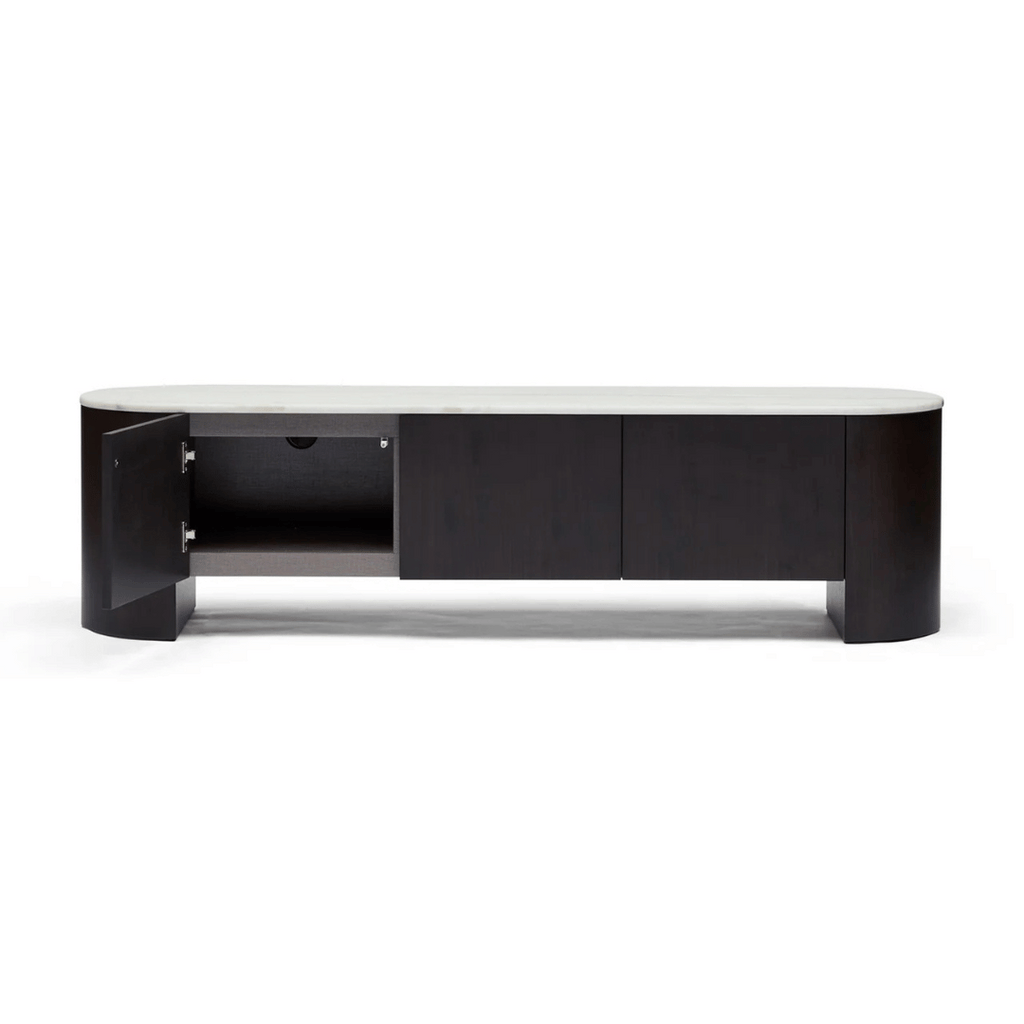 Meuble TV noyer et marbre style Mid-Century avec rangement pour salon