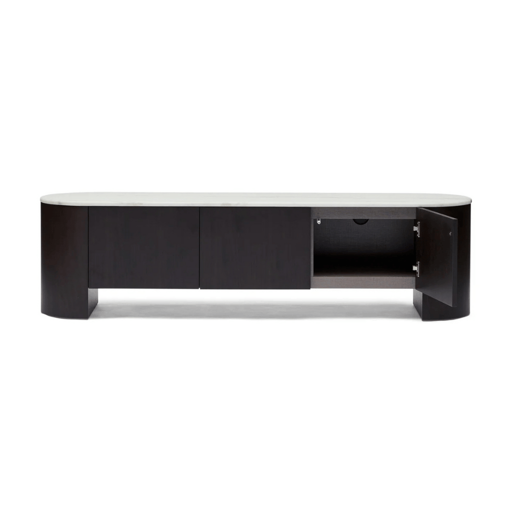 Meuble TV noyer et marbre style Mid-Century avec rangement pour salon