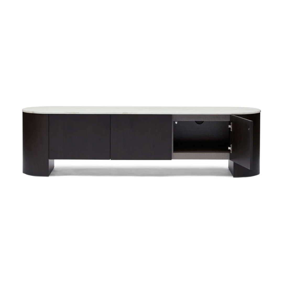 Meuble TV noyer et marbre style Mid-Century avec rangement pour salon
