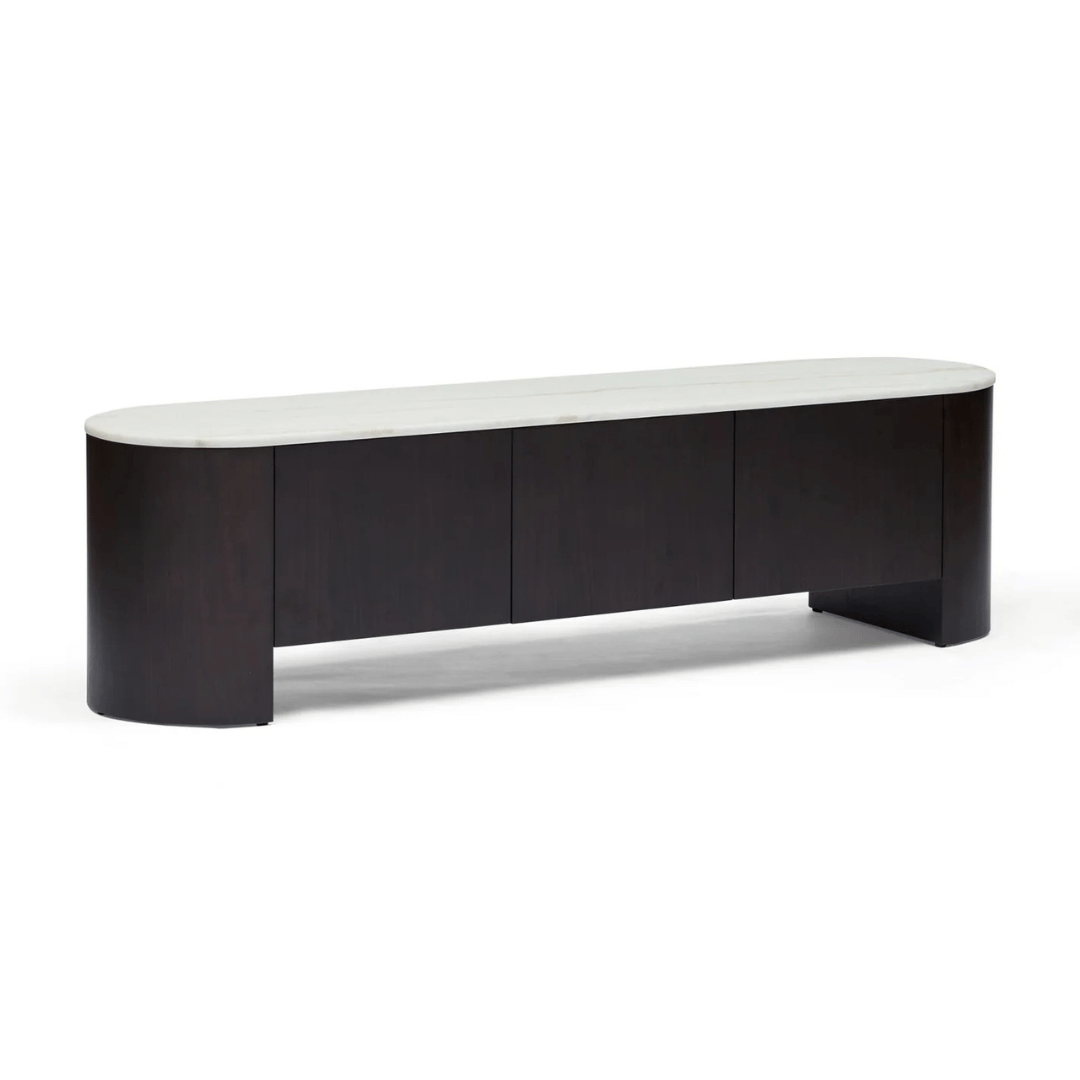 Meuble TV noyer et marbre style Mid-Century avec rangement pour salon