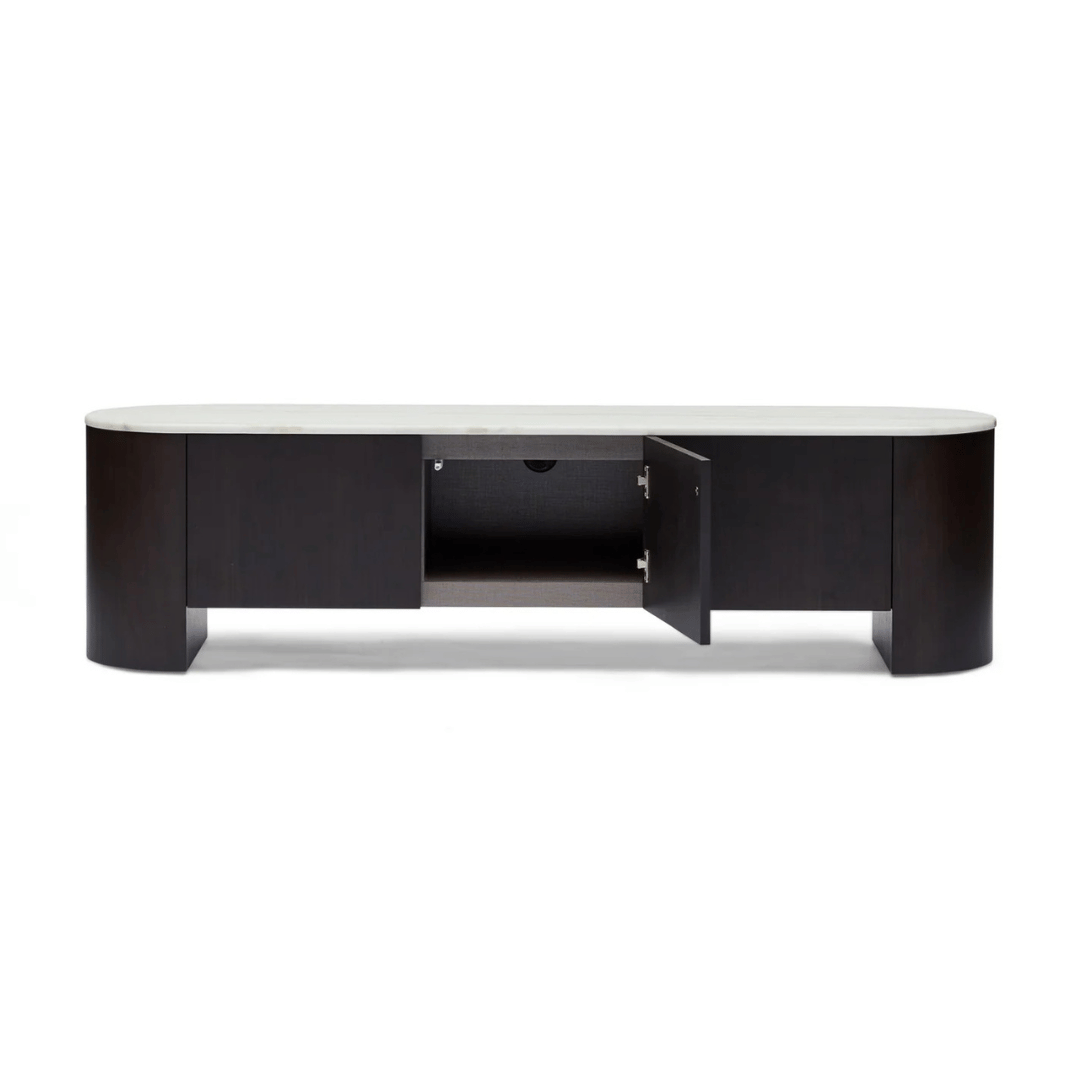 Meuble TV noyer et marbre style Mid-Century avec rangement pour salon