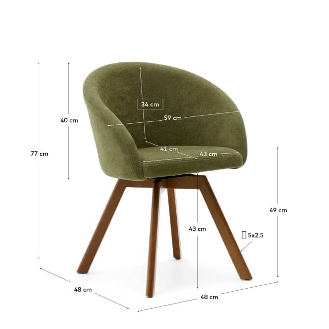 Chaise de salle à manger pivotante Mid-Century en noyer vert avec pieds en bois