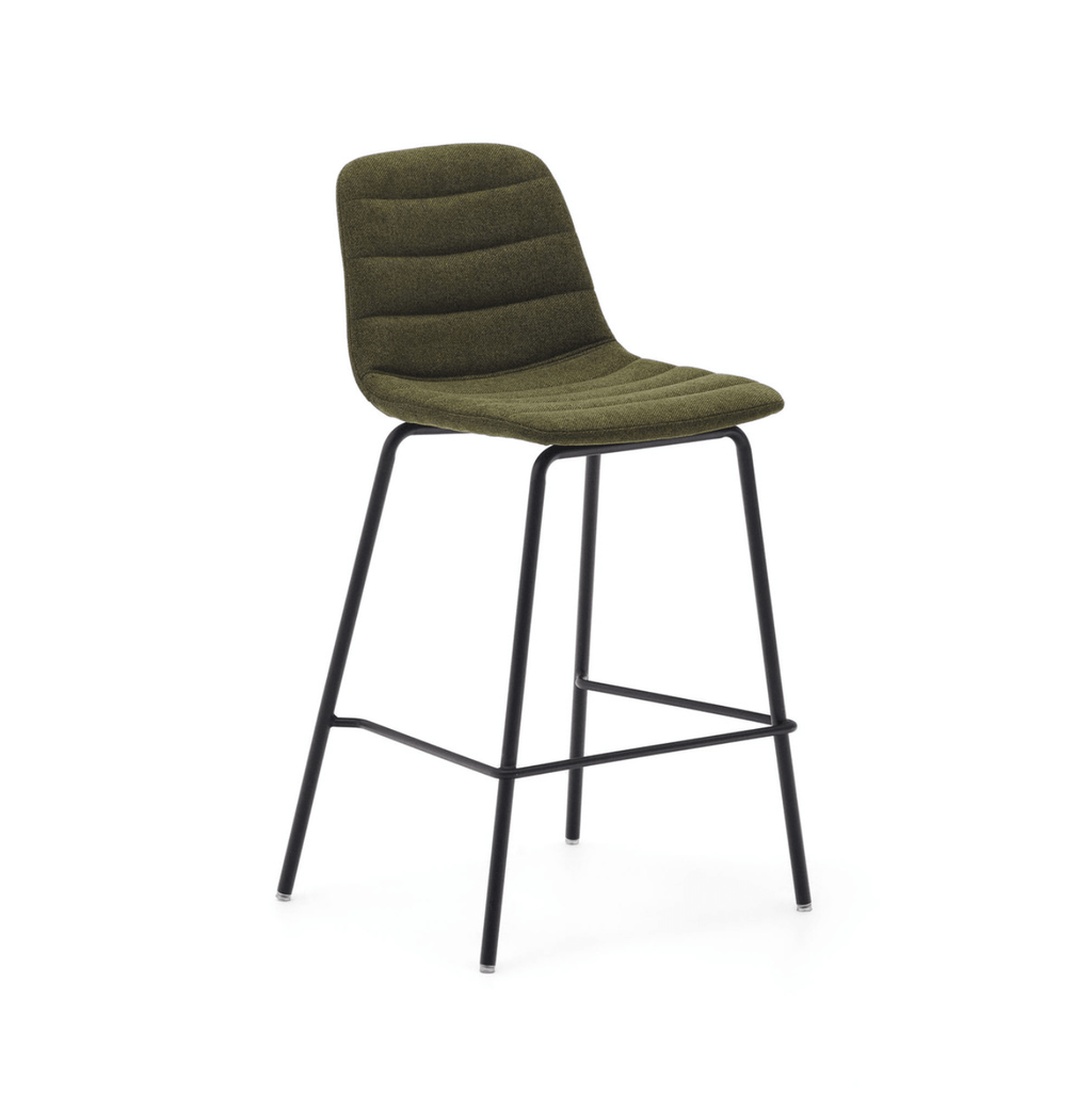 Tabouret de bar de cuisine vert en acier du milieu du siècle avec rembourrage