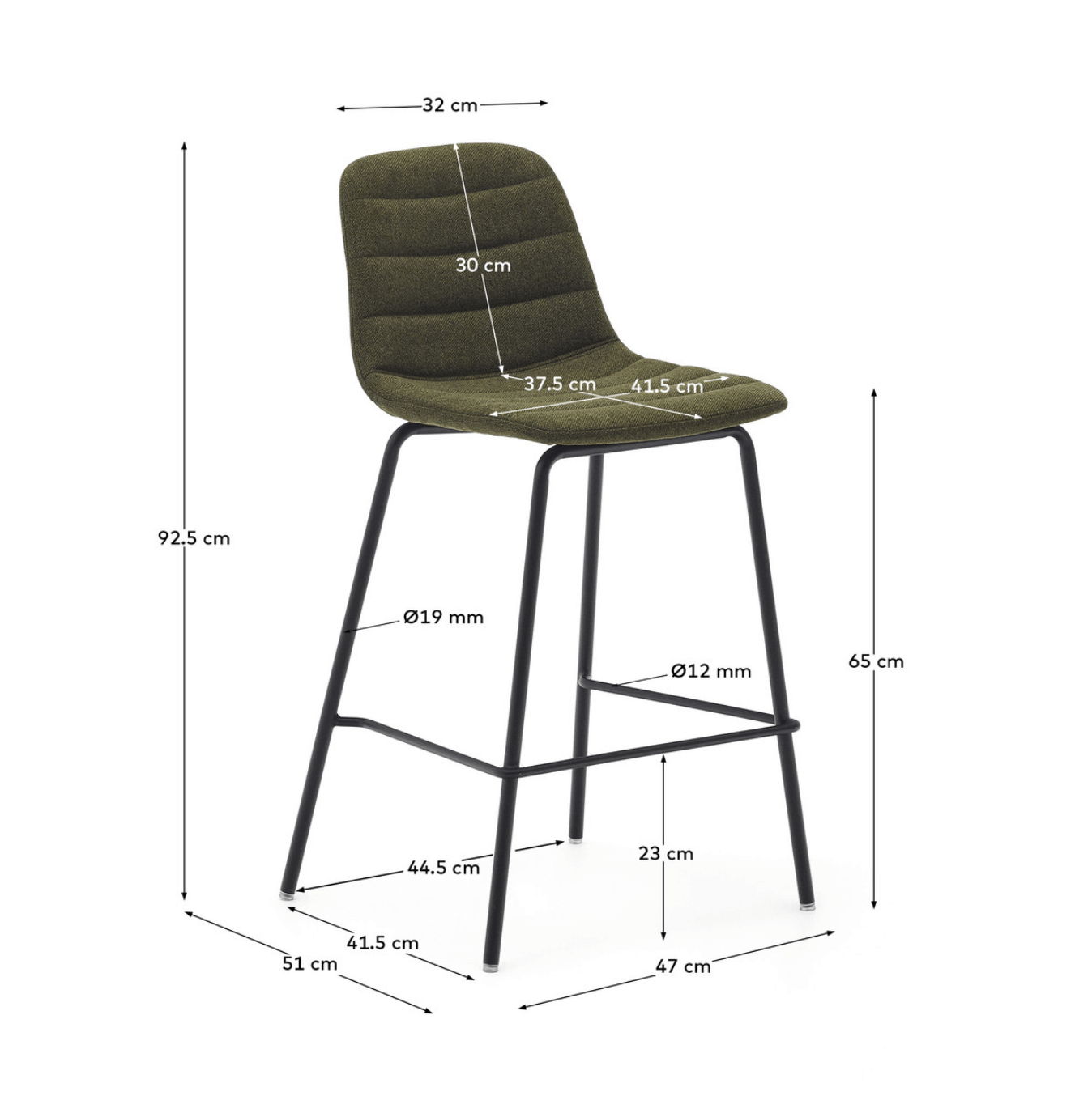 Tabouret de bar de cuisine vert en acier du milieu du siècle avec rembourrage