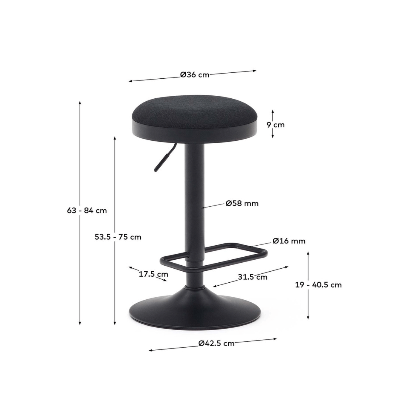 Tabouret de bar en acier noir avec siège rembourré pour cuisine