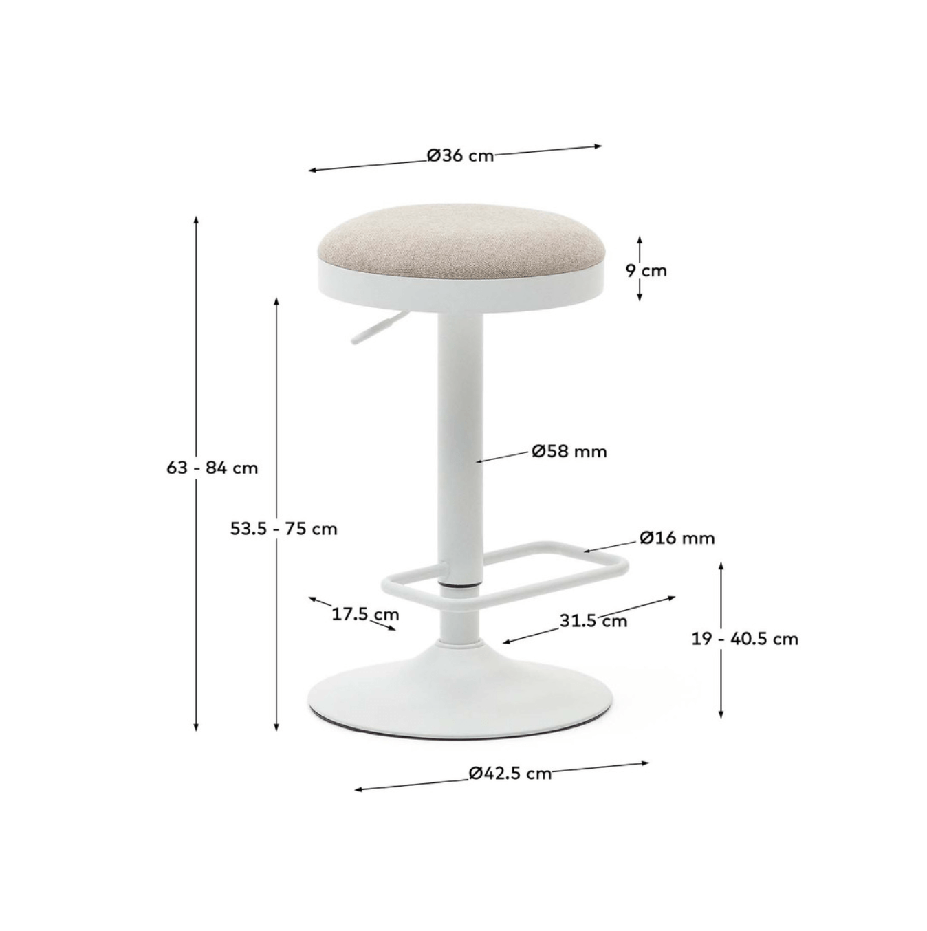 Tabouret de bar en acier beige avec assise rembourrée pour cuisine