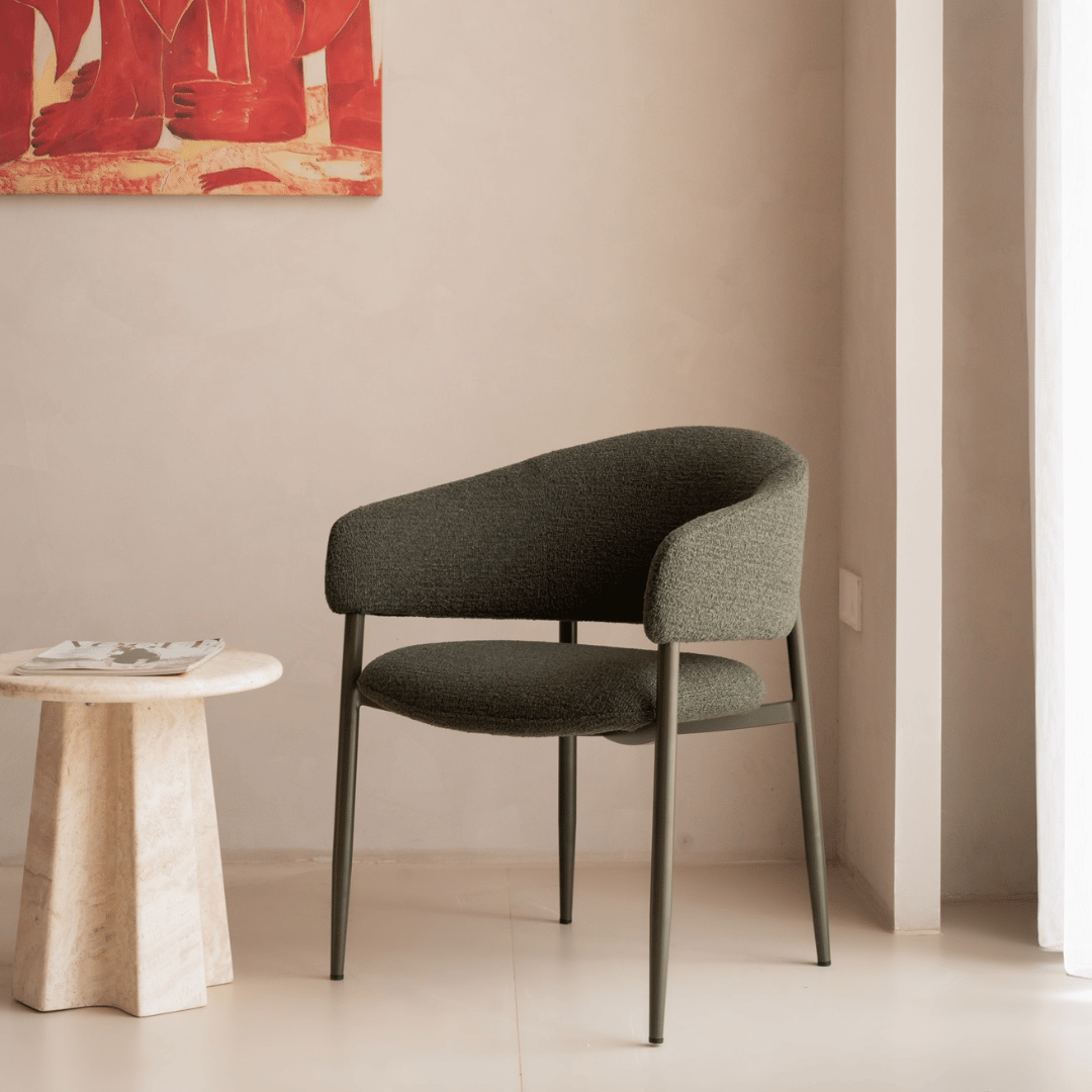 Chaise de salle à manger en acier vert avec pieds enduits de poudre pour salle à manger