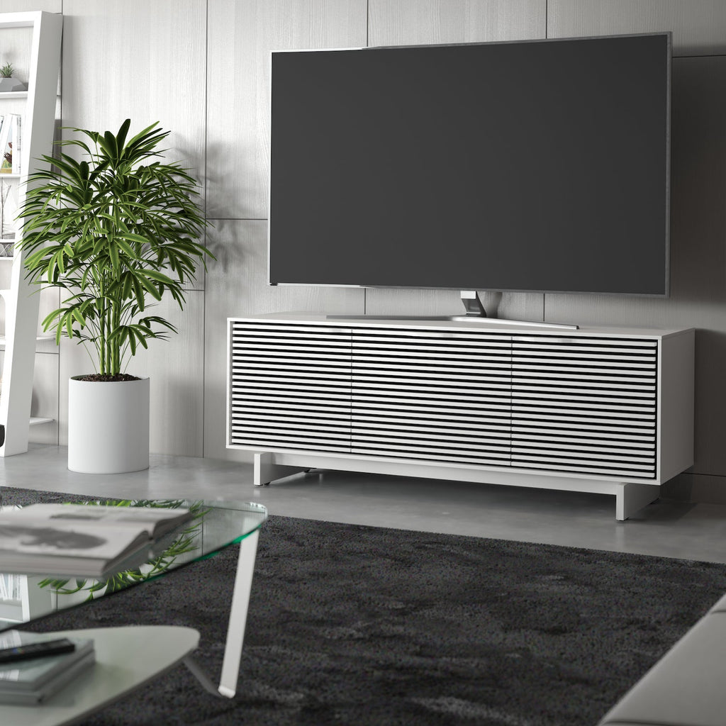 Meuble TV moderne blanc satiné avec rangement pour salon