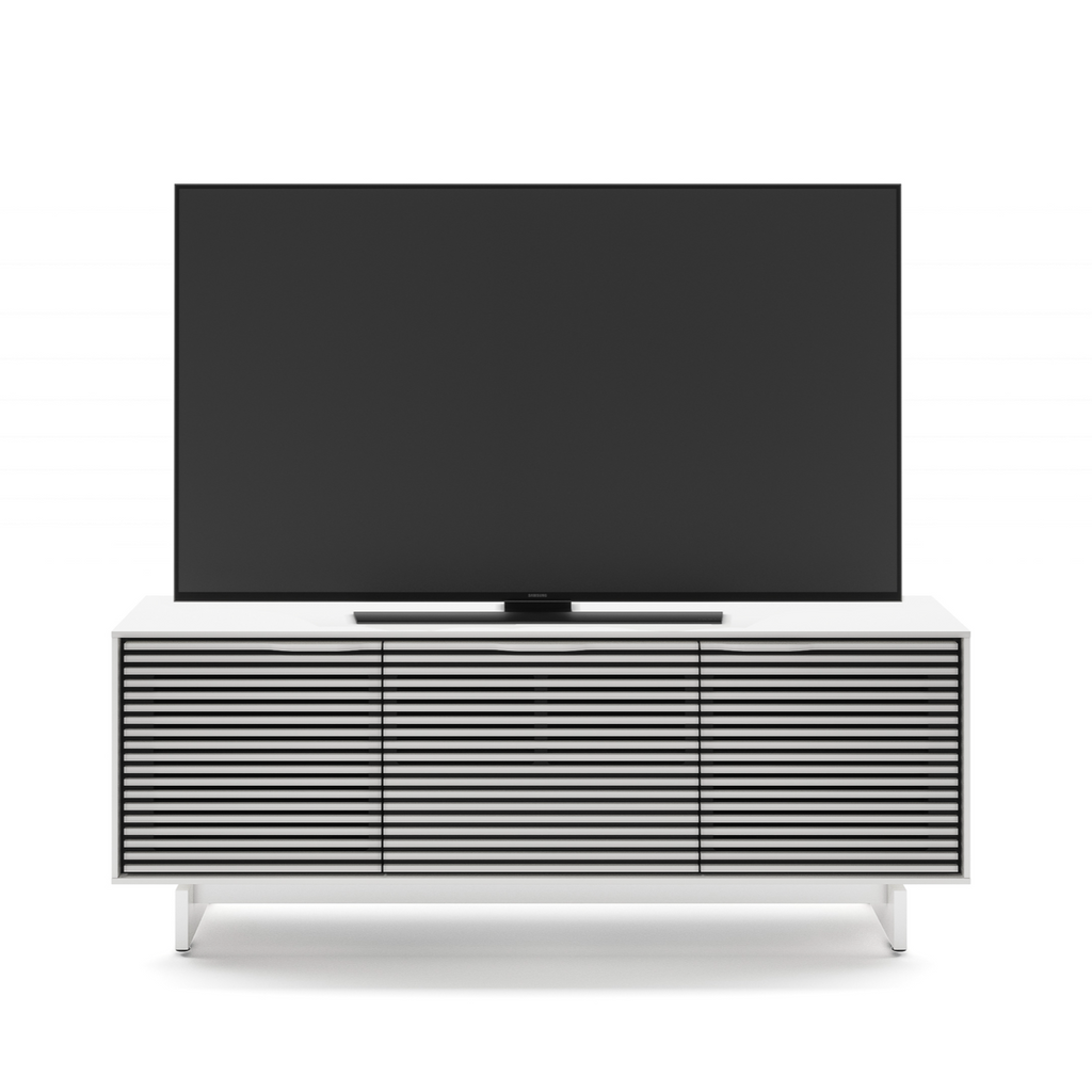 Meuble TV moderne blanc satiné avec rangement pour salon