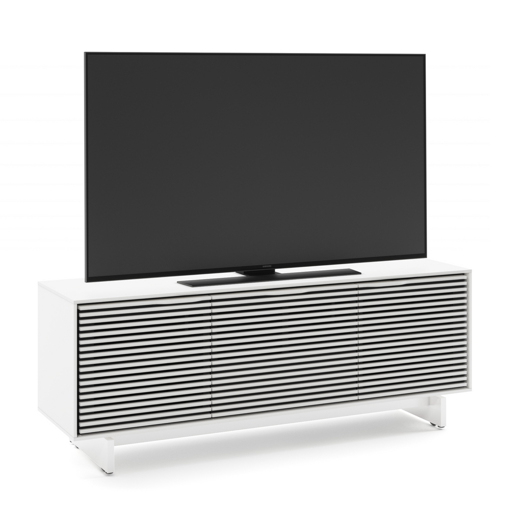 Meuble TV moderne blanc satiné avec rangement pour salon