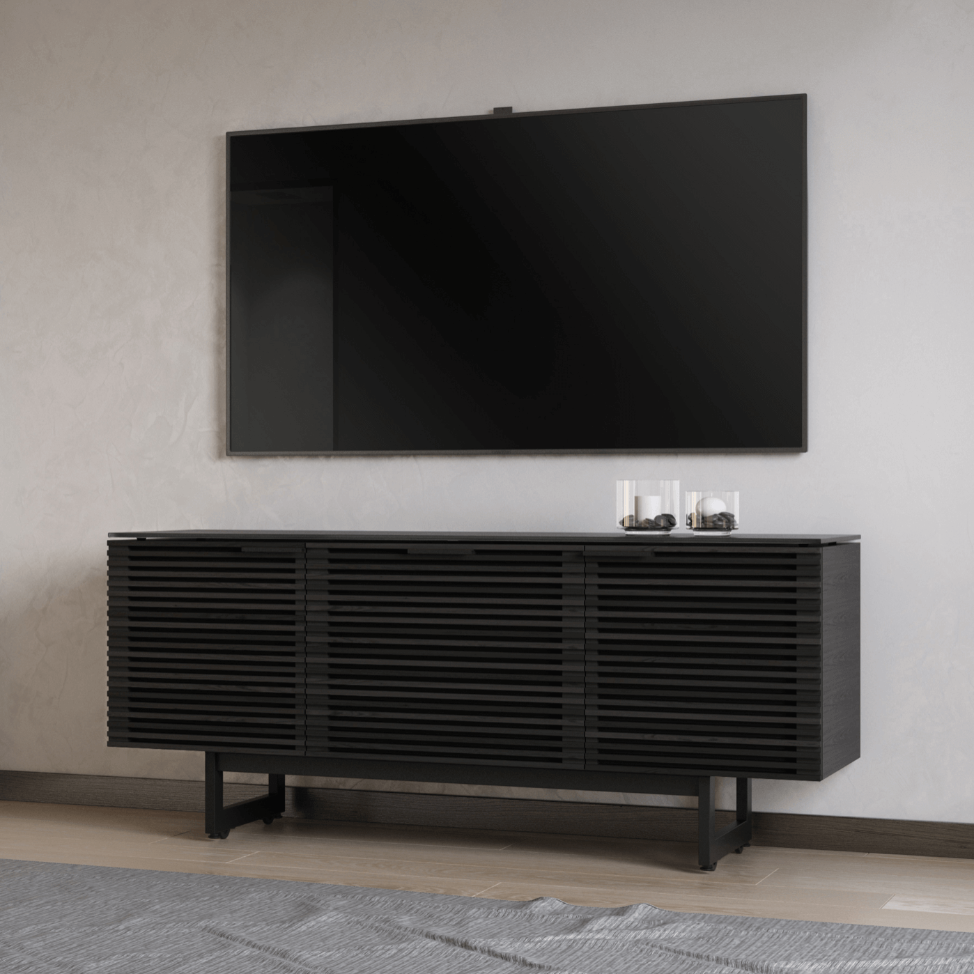 Meuble de divertissement en noyer et charbon de bois de style Mid-Century avec rangement pour le salon