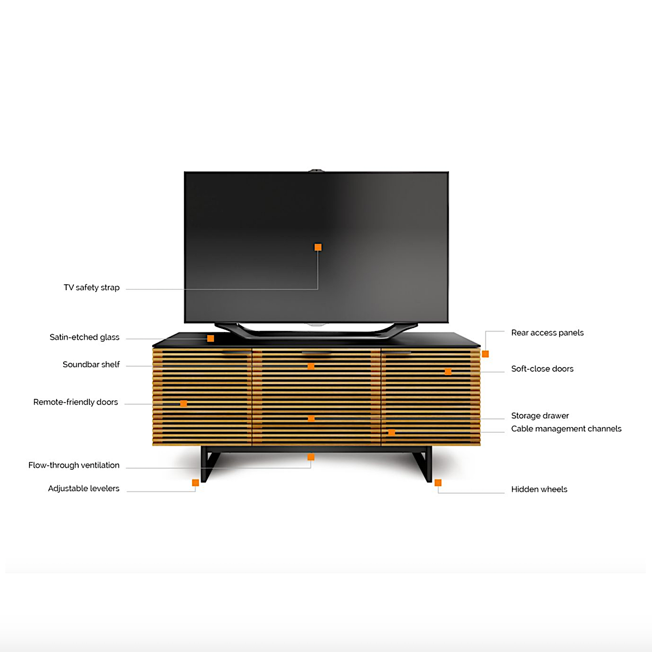 Meuble de divertissement en noyer et charbon de bois de style Mid-Century avec rangement pour le salon