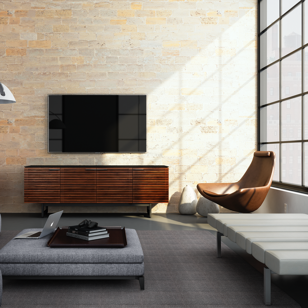 Meuble TV moderne en noyer et charbon de bois pour salon