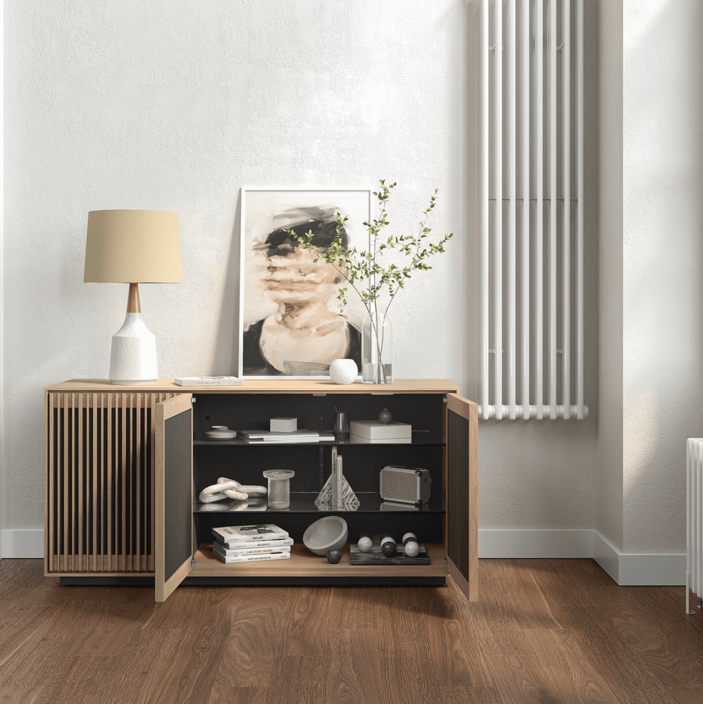 Meuble TV en chêne blanchi pour salon