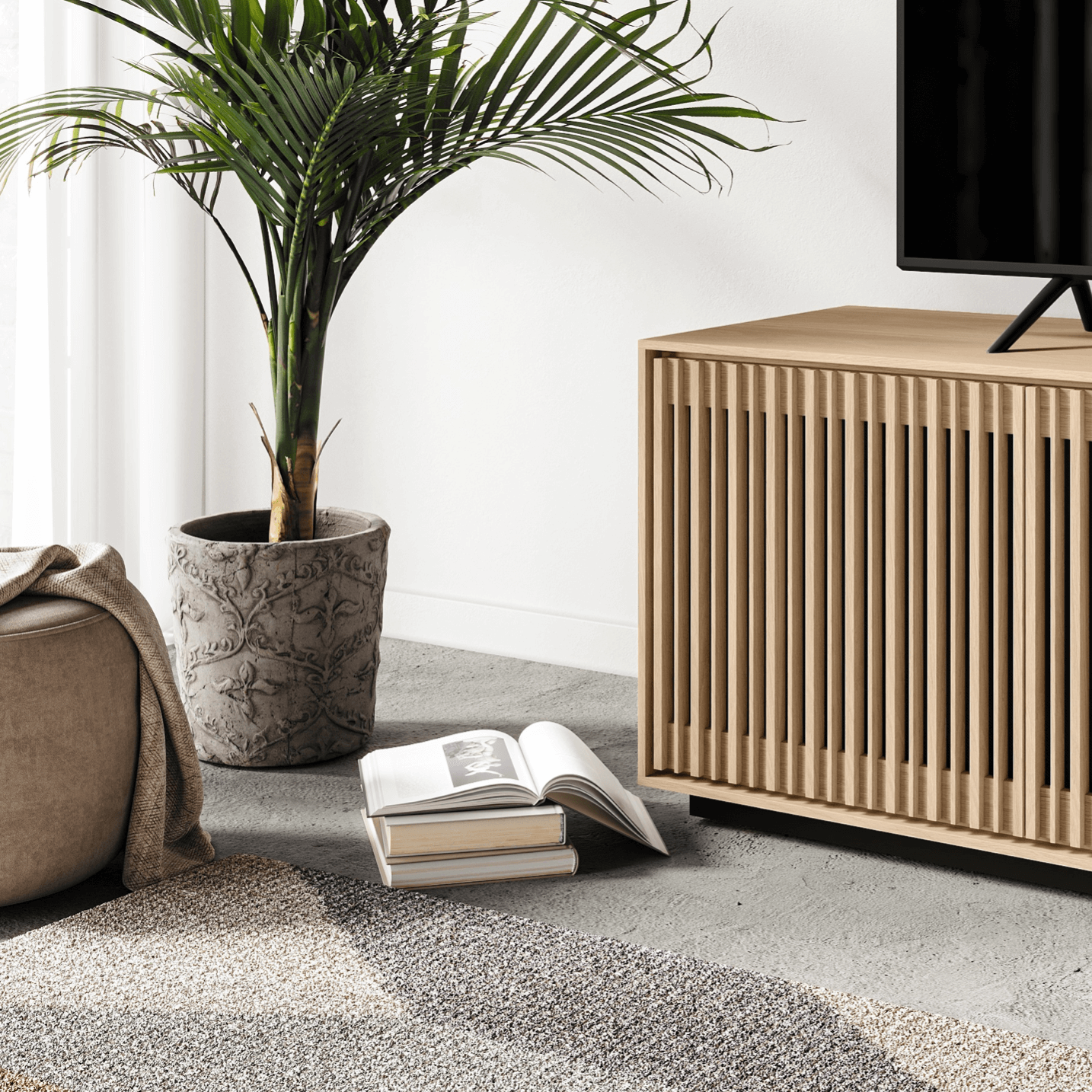 Meuble TV/divertissement en chêne blanchi pour salon