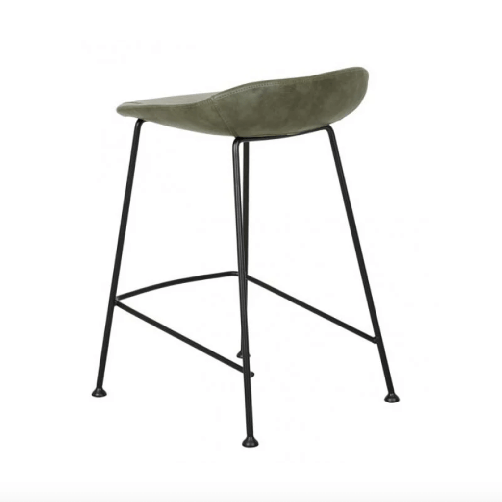 Tabouret de bar vintage mi-siècle en cuir vert avec dossier incurvé pour cuisine